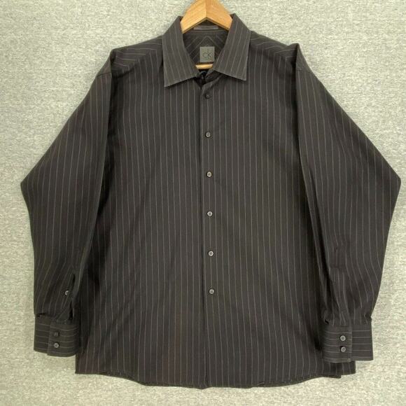 Calvin Klein Shirt Mens 17.5 Extra Large Black Striped Button Up Long Sleeve - Picture 1 of 10